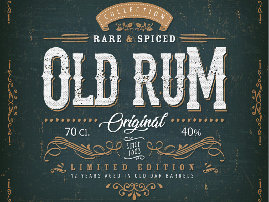 Illustration of a vintage design elegant rum beverage label, with crafted letterring, specific product mentions, textures and floral patterns